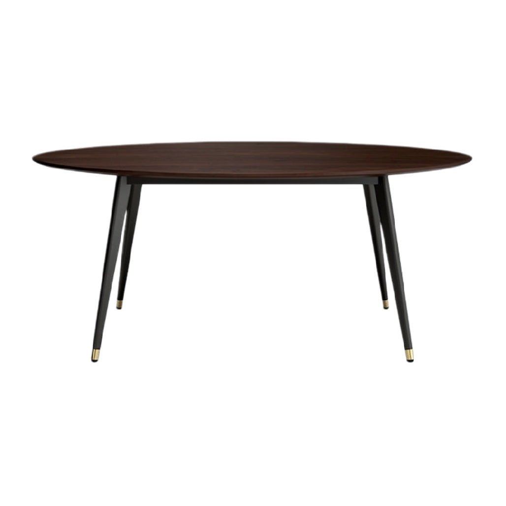 Eettafel met ovale houten blad en metalen poten