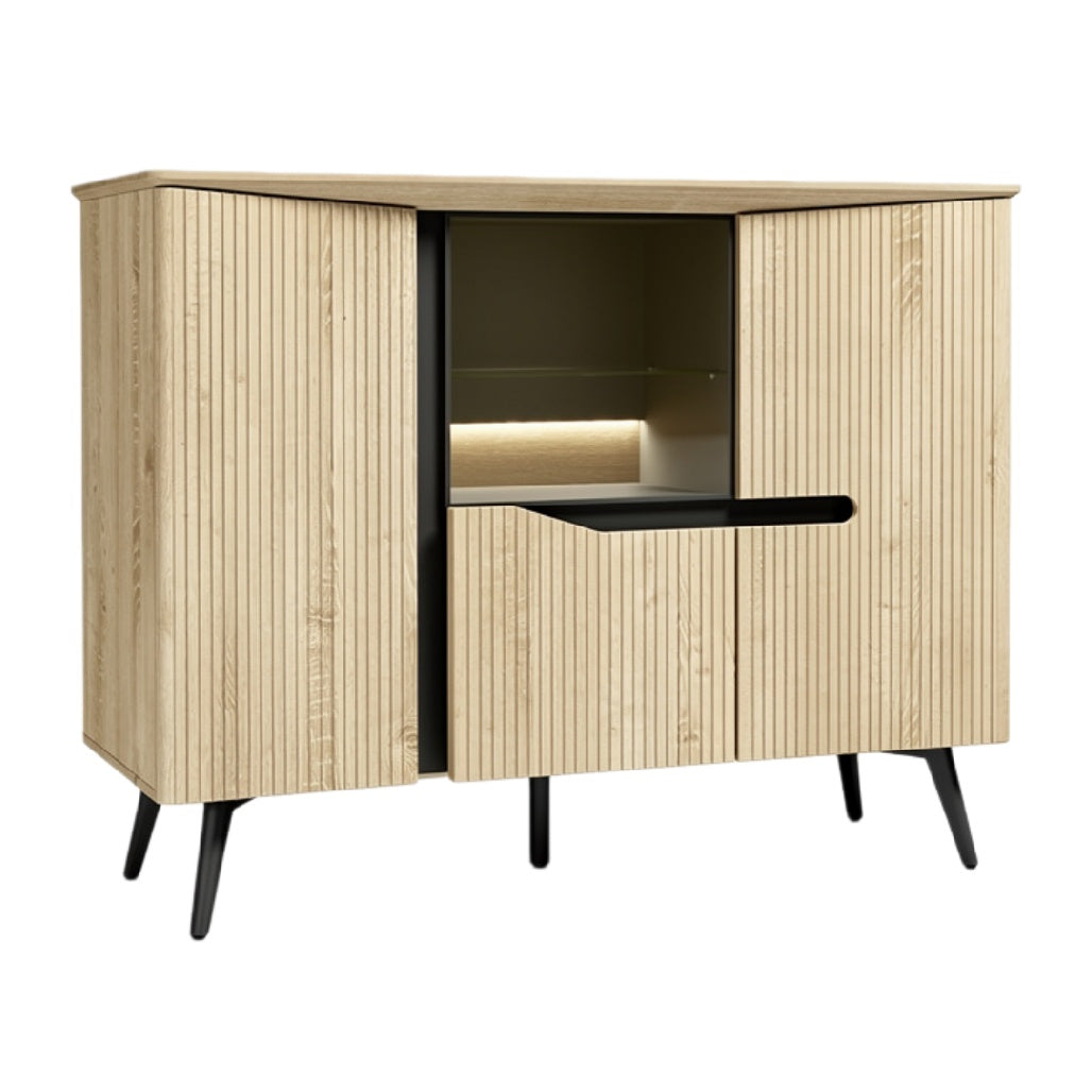 Moderne houtlook kast met led-verlichting en strakke lijnen
